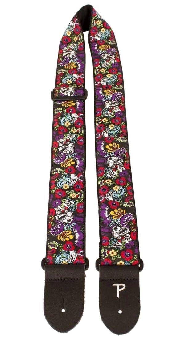 2” Floral Skulls High Quality Jacquard Ribbon Sewn on Tubular Webbing with Leather Ends