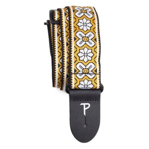 2” Gold Geo Floral High Quality Jacquard Ribbon Sewn on Tubular Webbing with Leather Ends