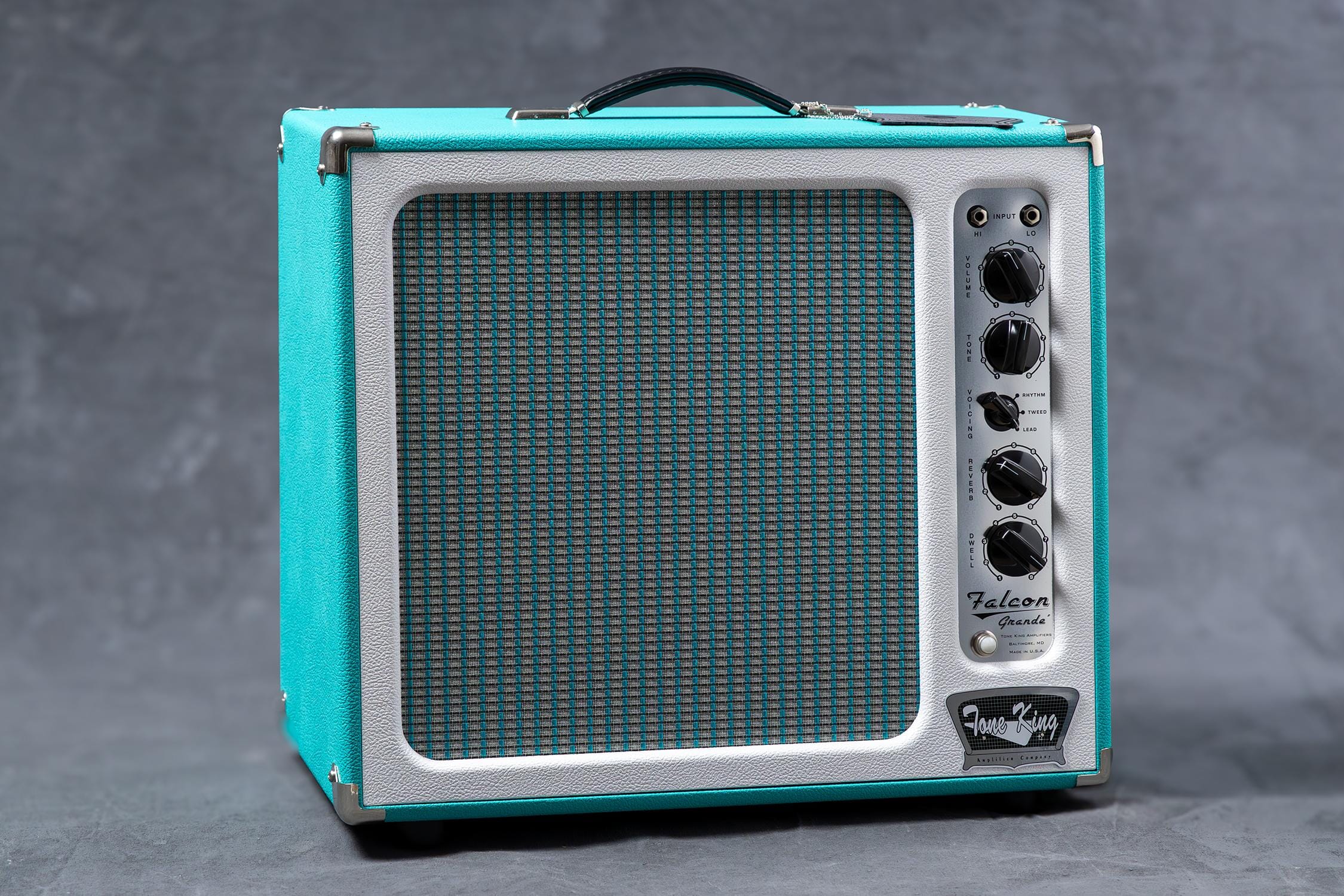 Tone King Falcon Grande 20 watt 1x12 Combo, 3-Voices, Spring Reverb, Built-In Attenuator, Custom Voiced Eminence, 5881, Turquoise