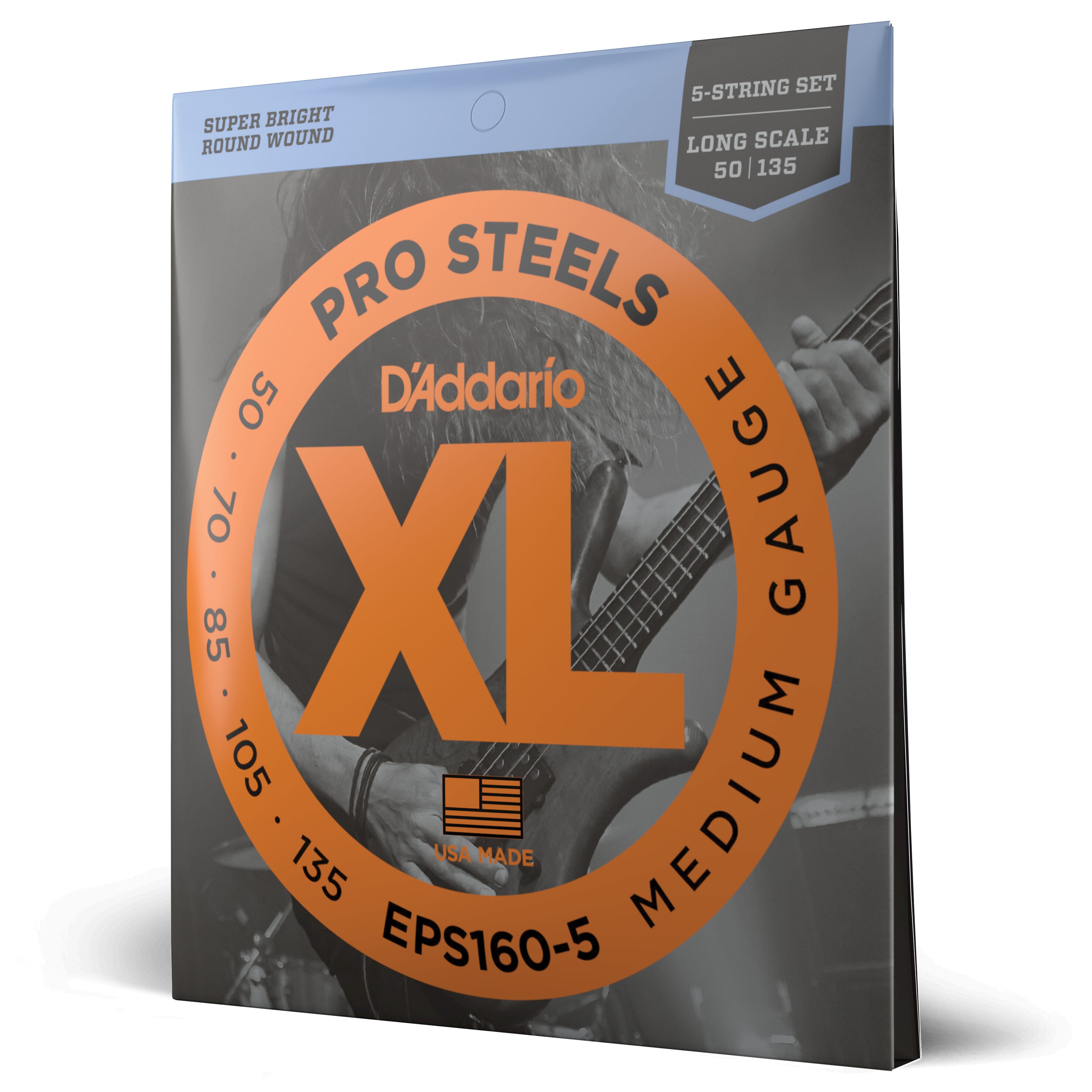 D'Addario EPS160-5 5-String ProSteels Bass Guitar Strings, Medium, 50-135, Long Scale
