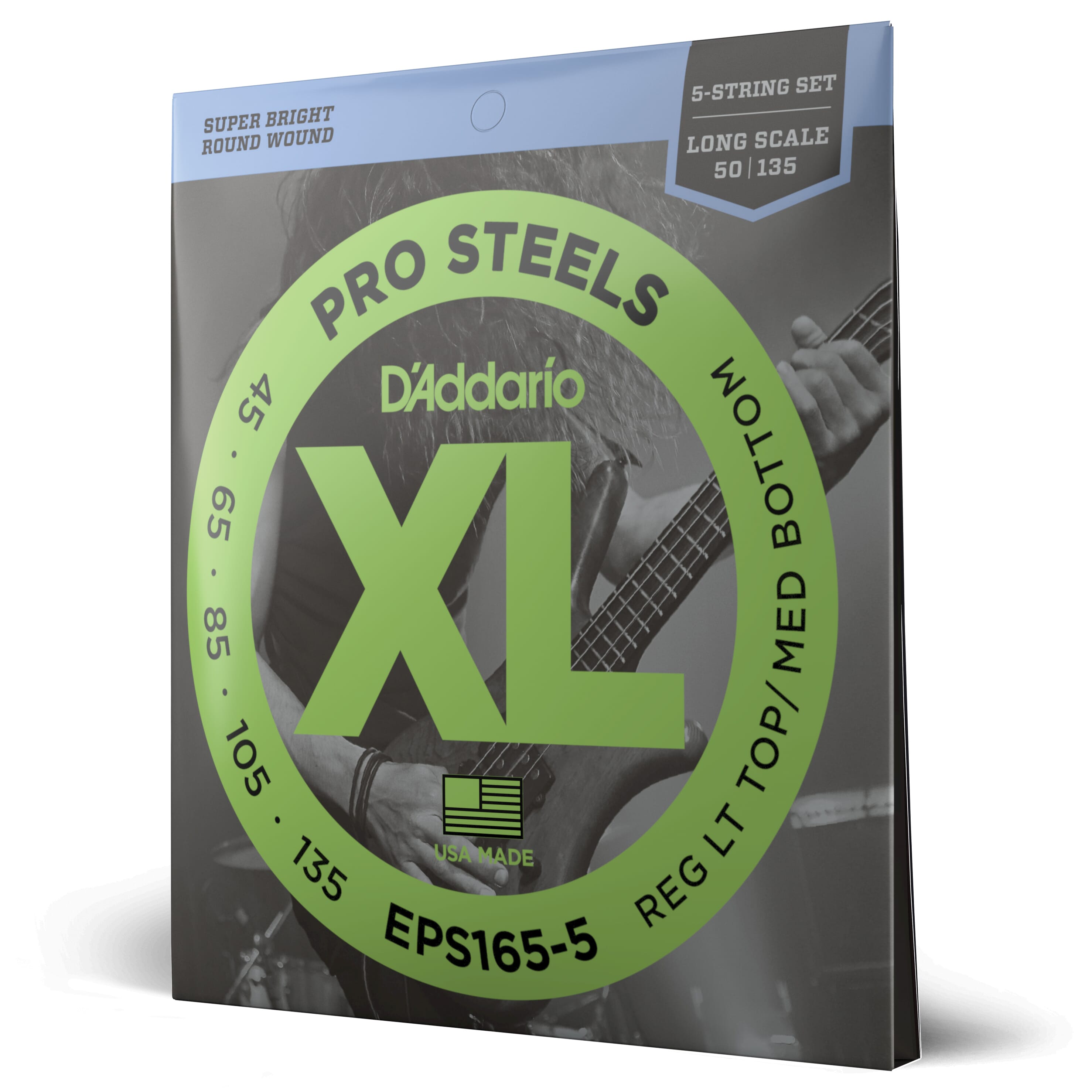D'Addario EPS165-5 5-String ProSteels Bass Guitar Strings, Custom Light, 45-135, Long Scale