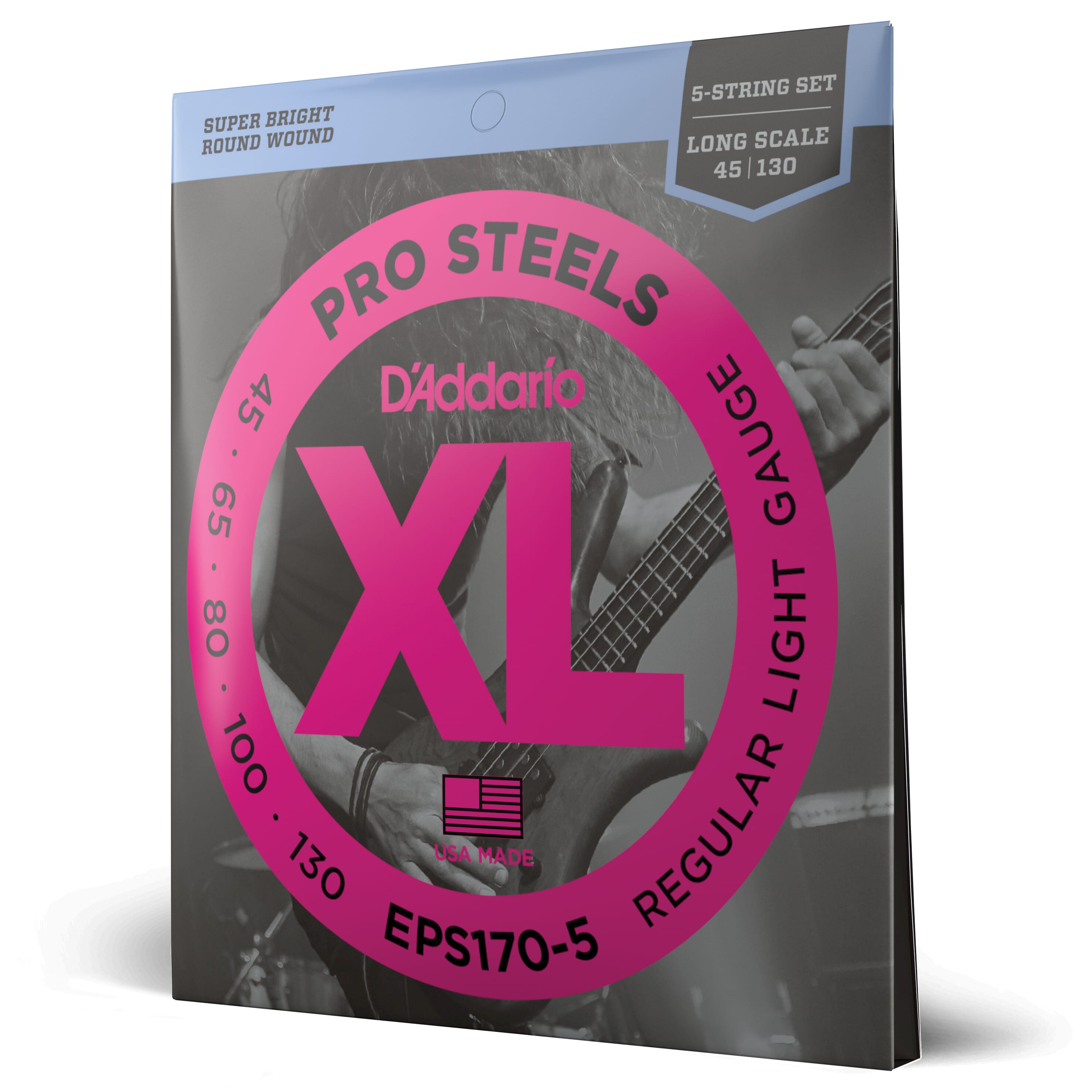 D'Addario EPS170-5 5-String ProSteels Bass Guitar Strings, Light, 45-130, Long Scale