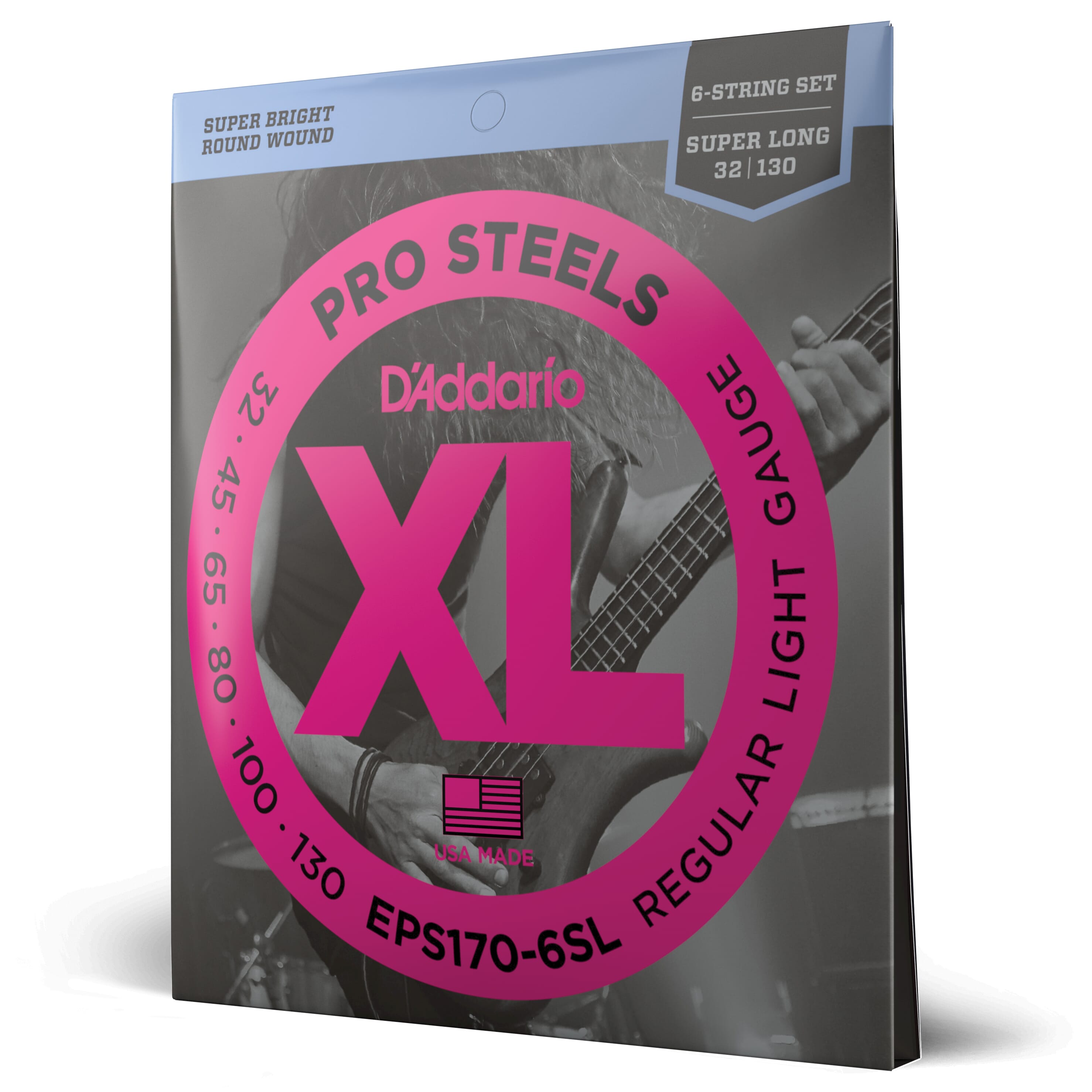 D'Addario EPS170-6SL 6-String ProSteels Bass Guitar Strings, Light, 30-130, Super Long Scale