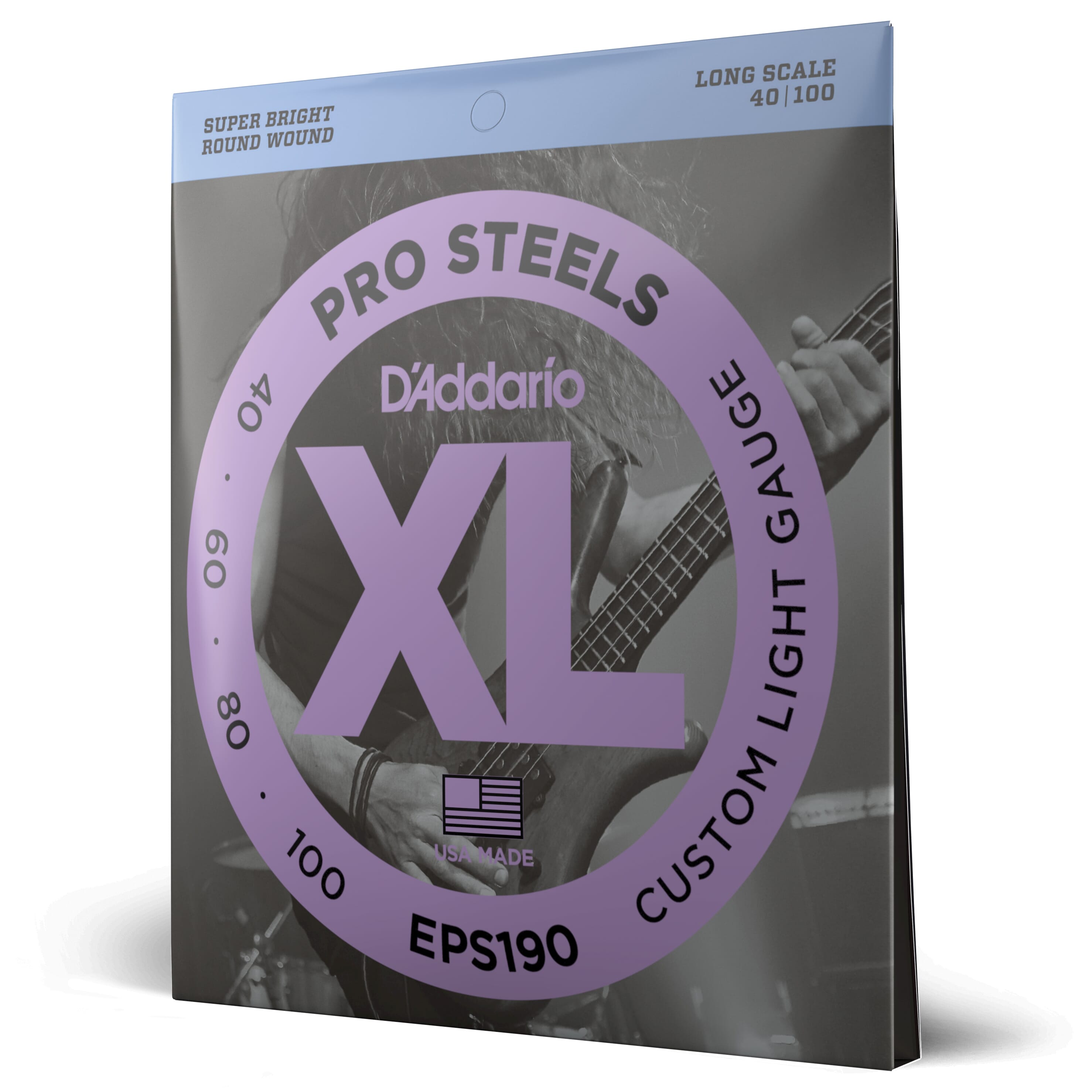 D'Addario EPS190 ProSteels Bass Guitar Strings, Custom Light, 40-100, Long Scale