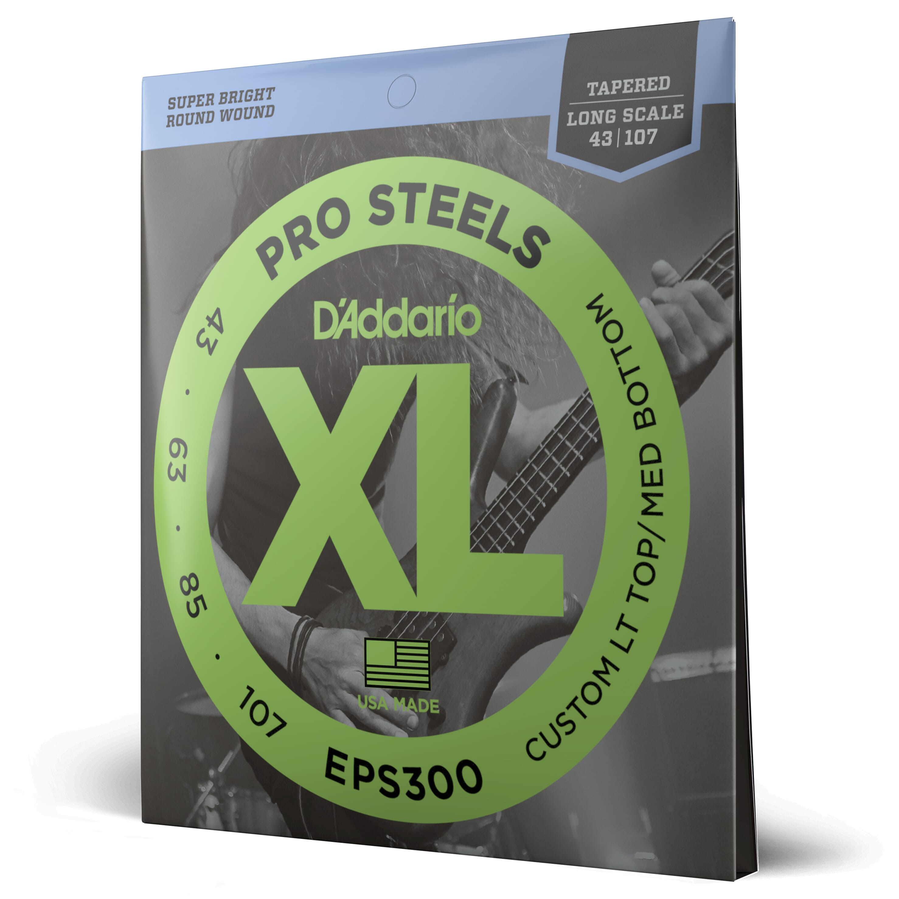 D'Addario EPS300 ProSteels Bass Guitar Strings, Custom Light, 43-107, Long Scale