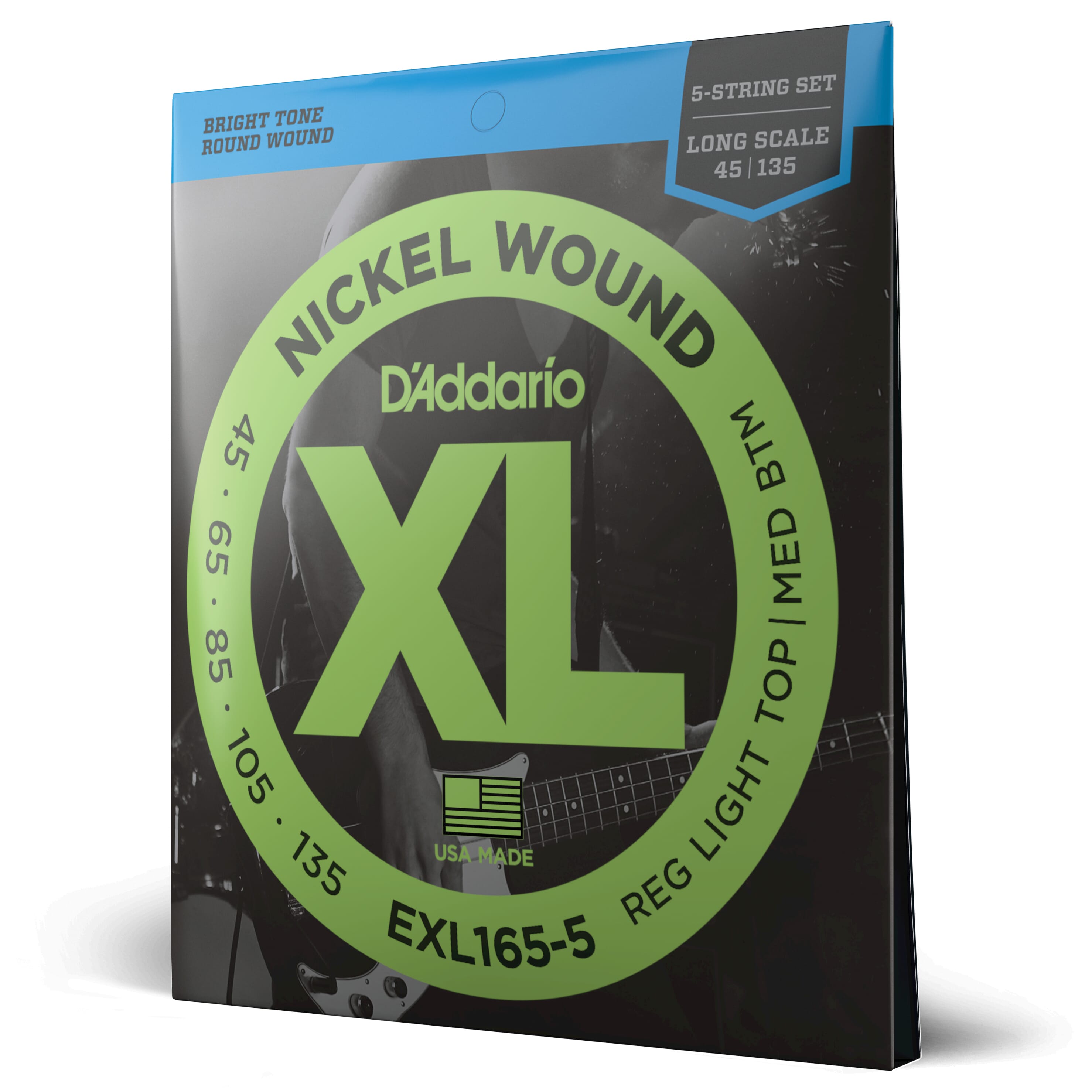 D'Addario EXL165-5 EXL165 5-String Nickel Wound Bass Guitar Strings, Custom Light, 45-135, Long Scale