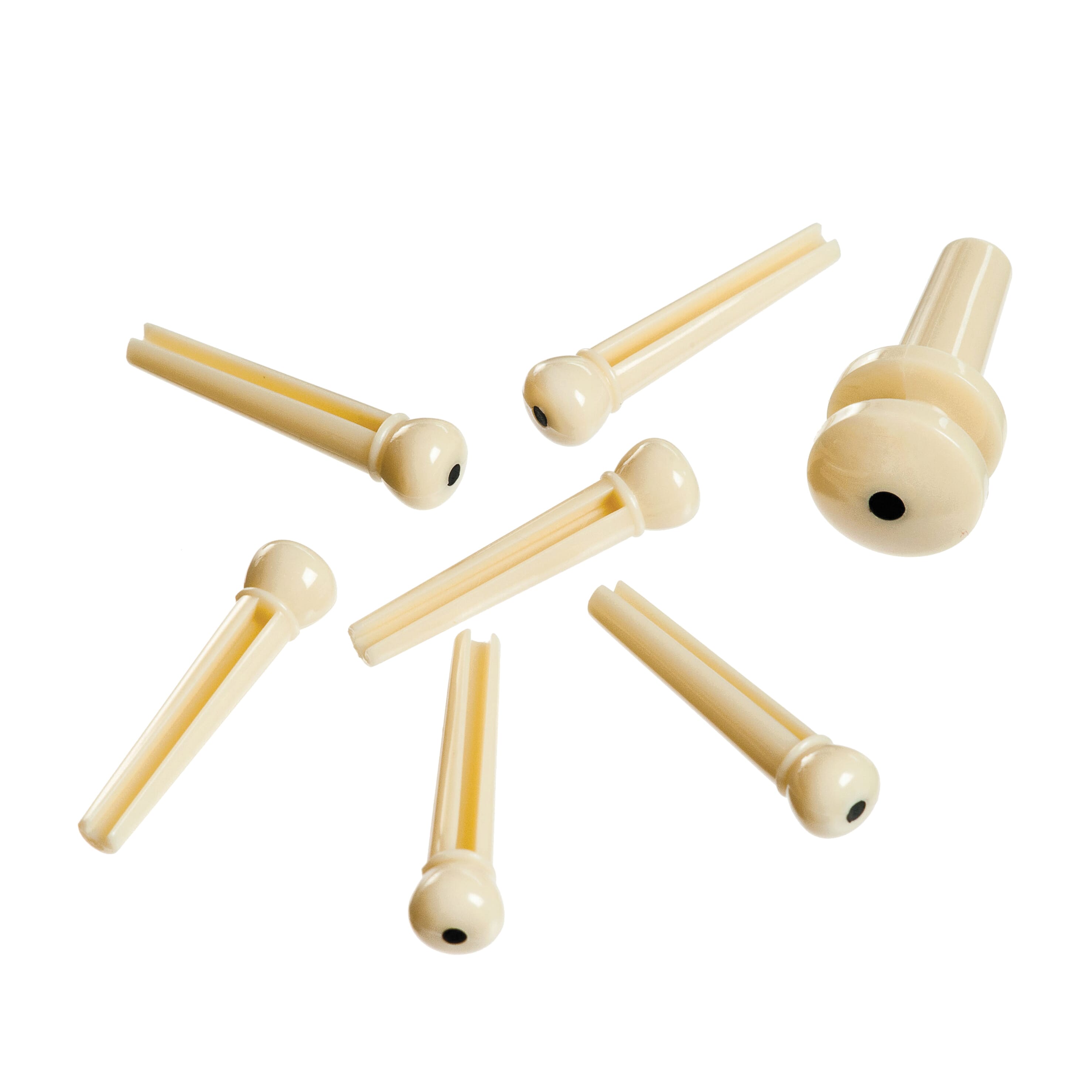 D'Addario PWPS12 Injected Molded Bridge Pins with End Pin, Set of 7, Ivory with Ebony Dot