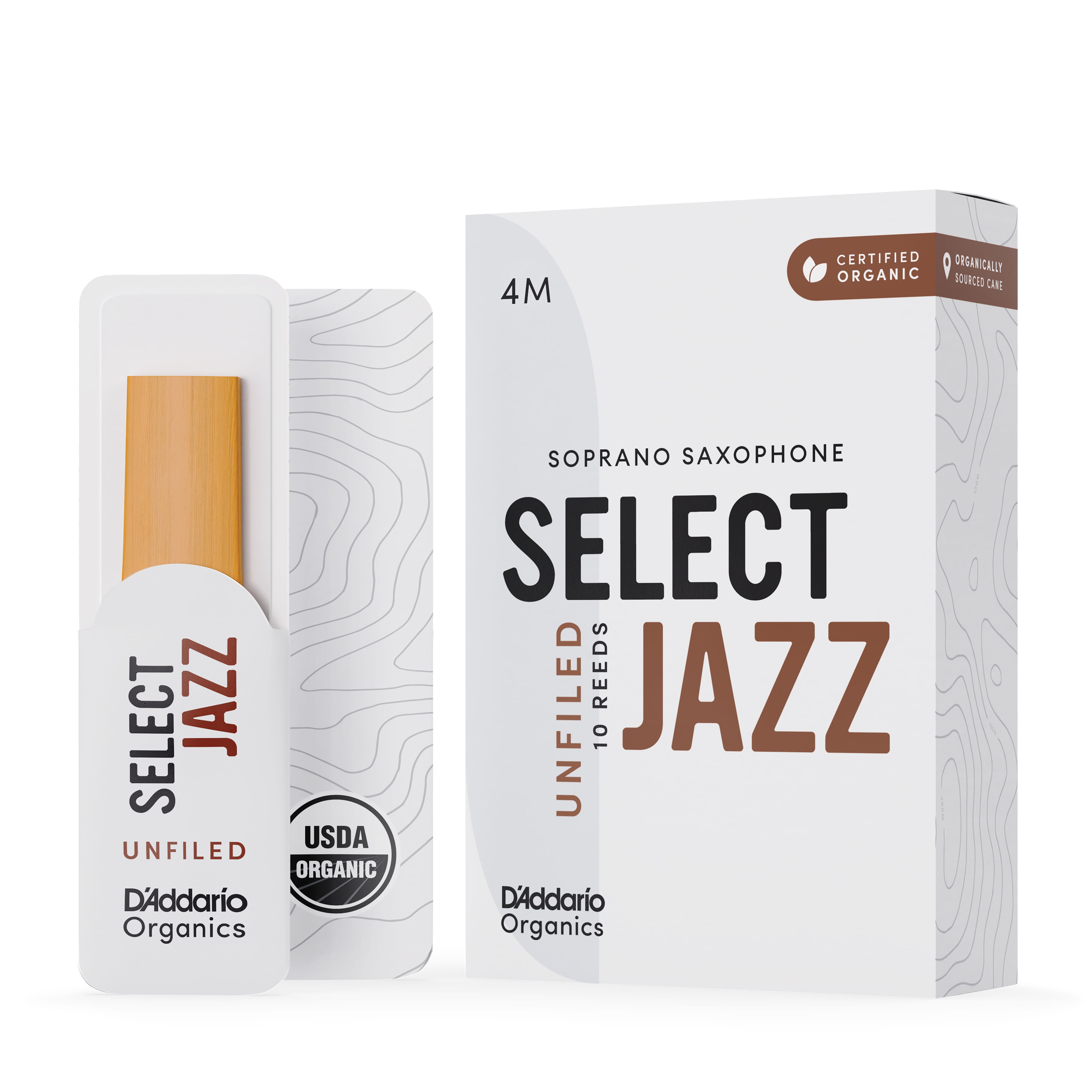 D'Addario ORRS10SSX4M Organic Select Jazz Unfiled Soprano Saxophone Reeds, Strength 4 Medium, 10-pack