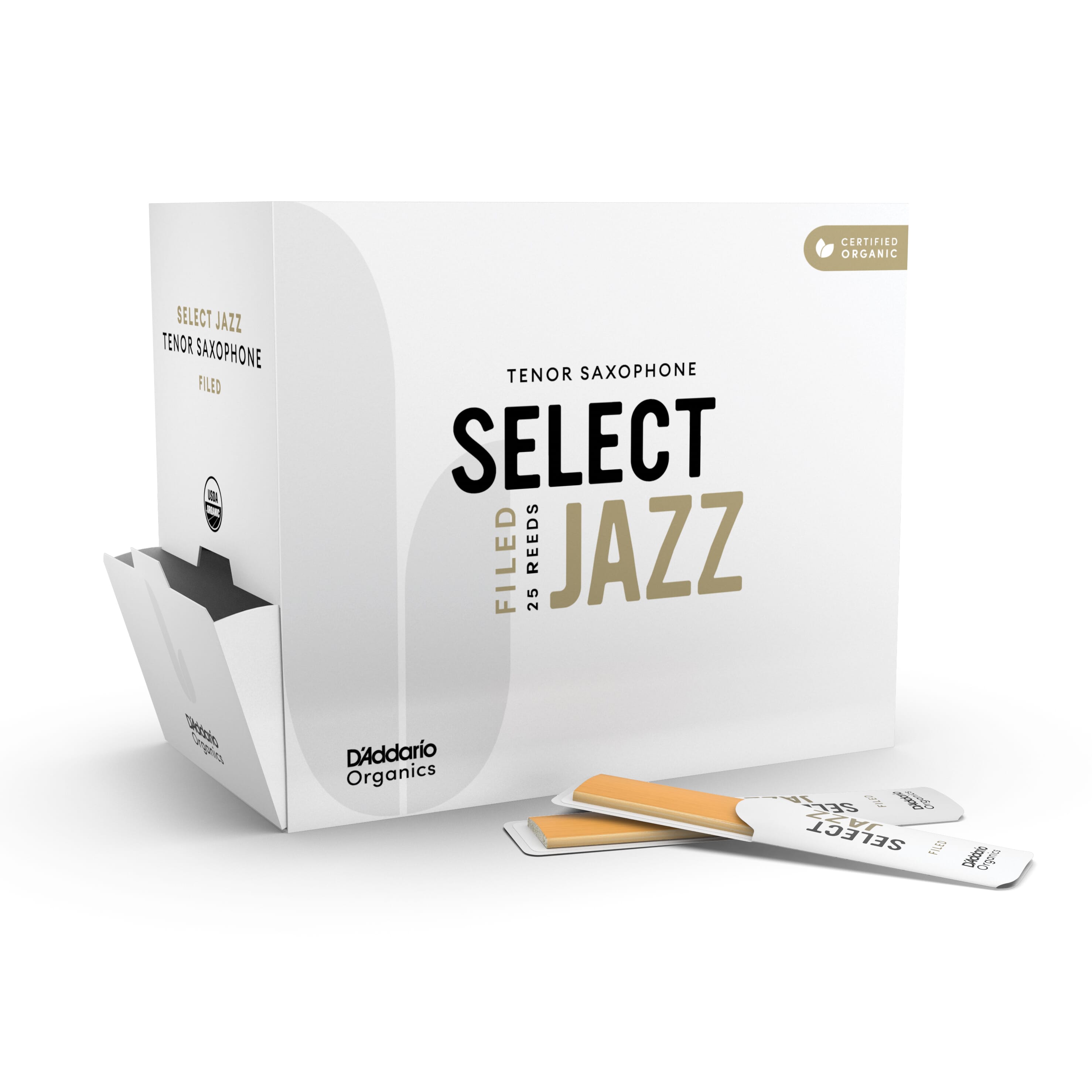 D'Addario ORSF01TSX2H-B25 Organic Select Jazz Filed Tenor Saxophone Reeds, Strength 2 Hard, 25-Pack