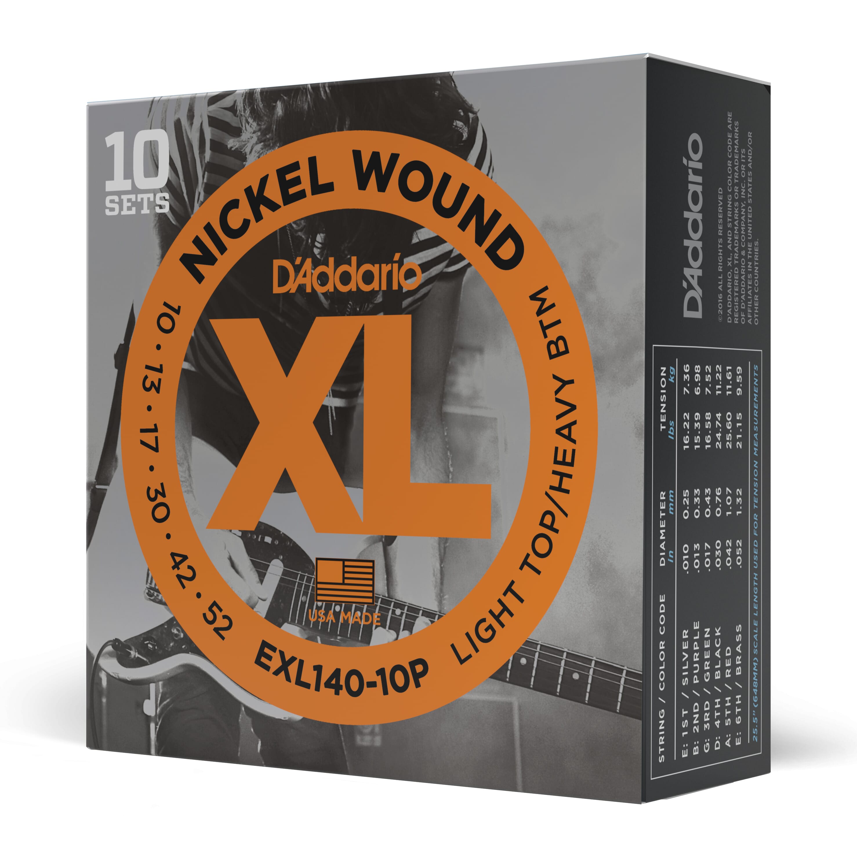 D'Addario EXL140-10P Nickel Wound Electric Guitar Strings, Light Top/Heavy Bottom, 10-52, 10 sets