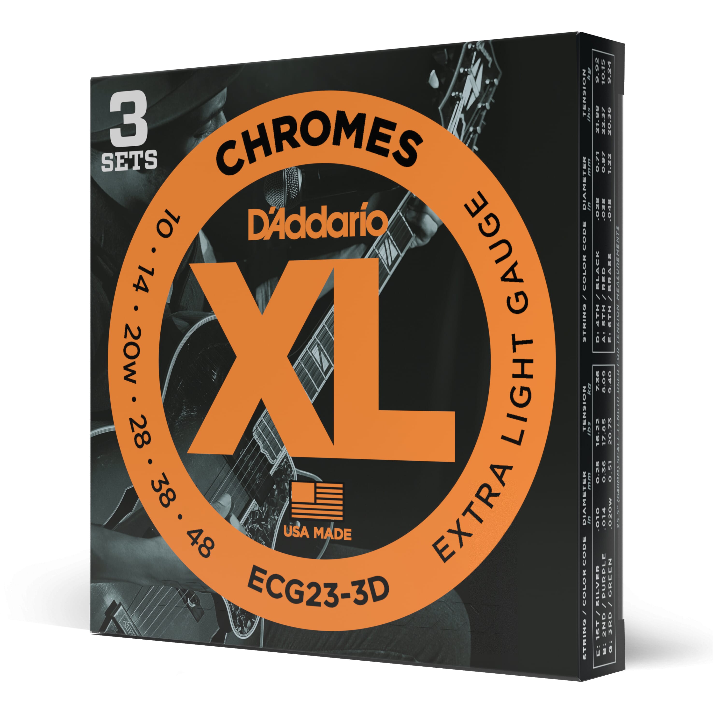 D'Addario ECG23-3D ECG23 Chromes Flat Wound Electric Guitar Strings, Extra Light, 10-48, 3 Sets