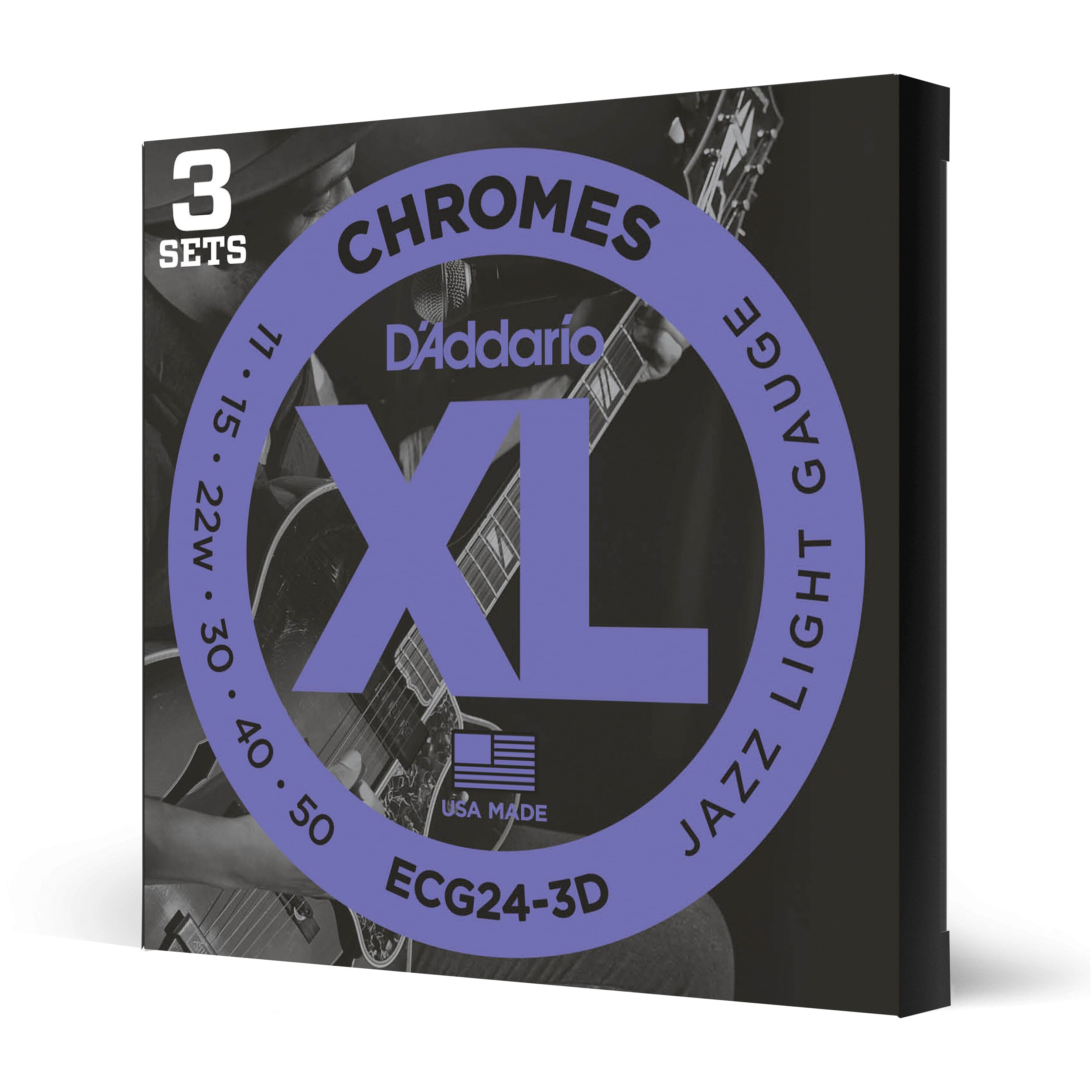 D'Addario ECG24-3D Chromes Flat Wound Electric Guitar Strings, Jazz Light, 11-50, 3 Sets