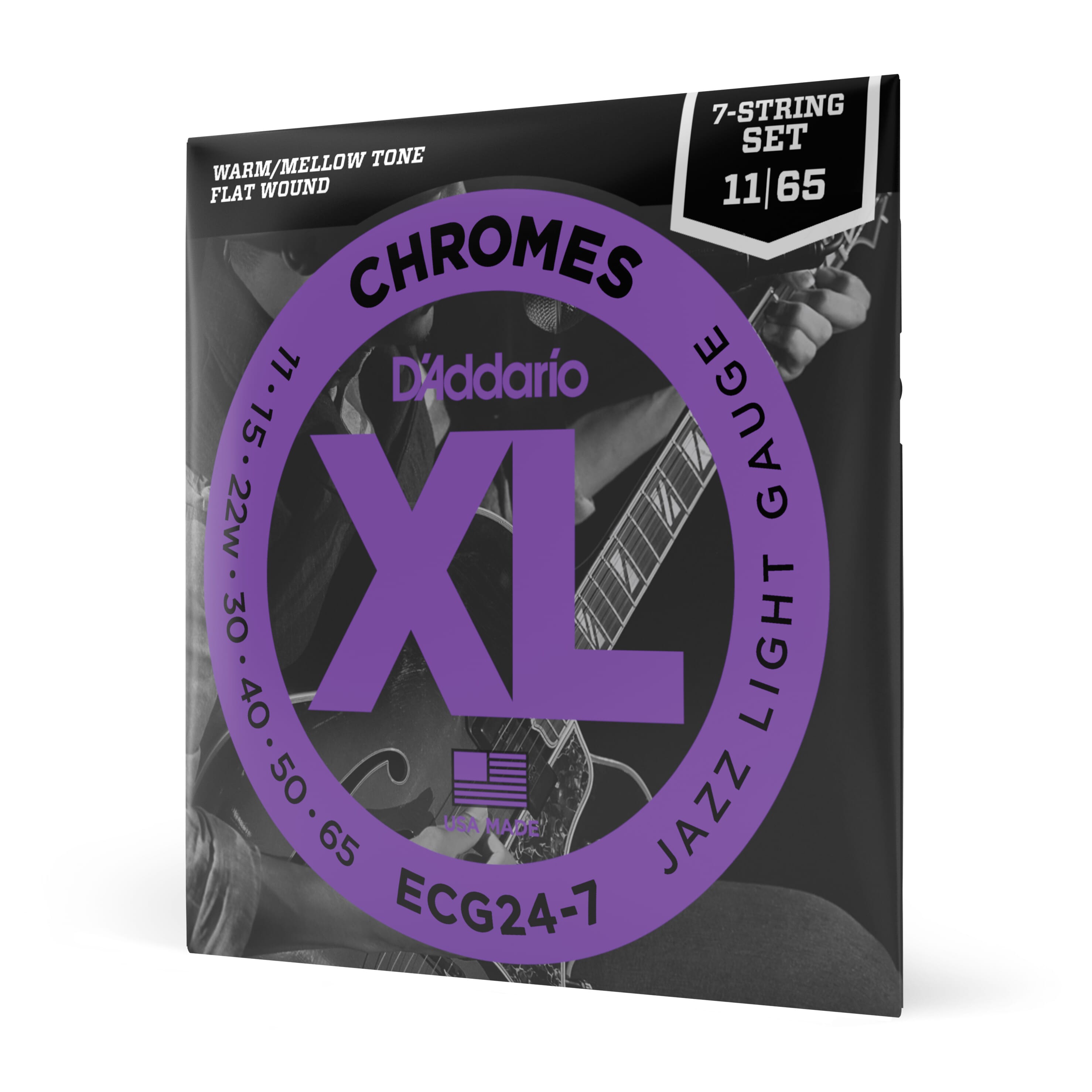 D'Addario ECG24-7 Chromes Flat Wound 7-String Electric Guitar Strings, Jazz Light, 11-65
