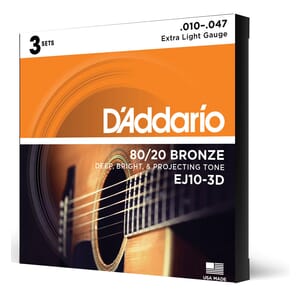 D'Addario EJ10-3D Bronze Acoustic Guitar Strings, Extra Light, 10-47, 3 Sets