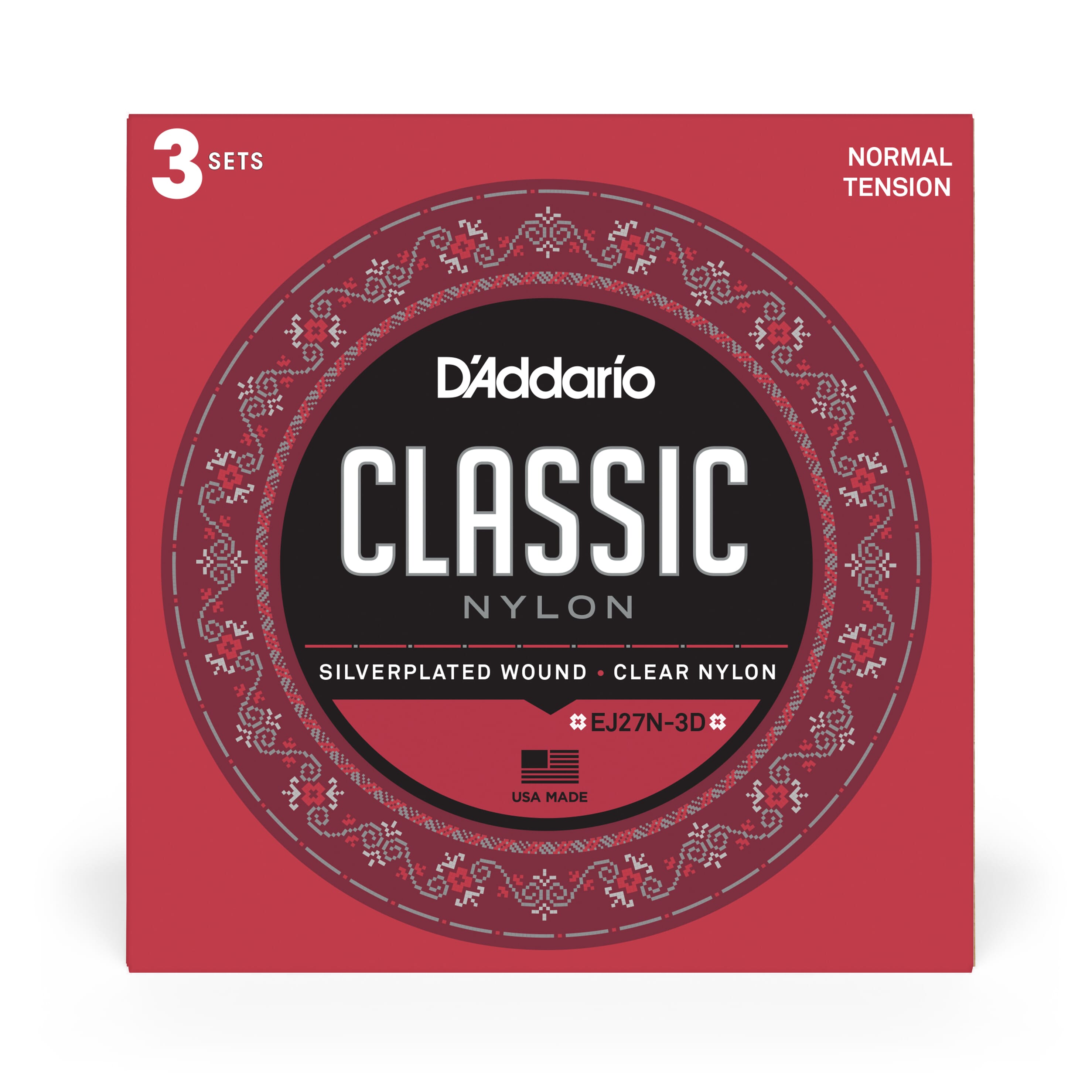 D'Addario EJ27N-3D EJ27N Student Nylon Classical Guitar Strings, Normal Tension, 3 Sets