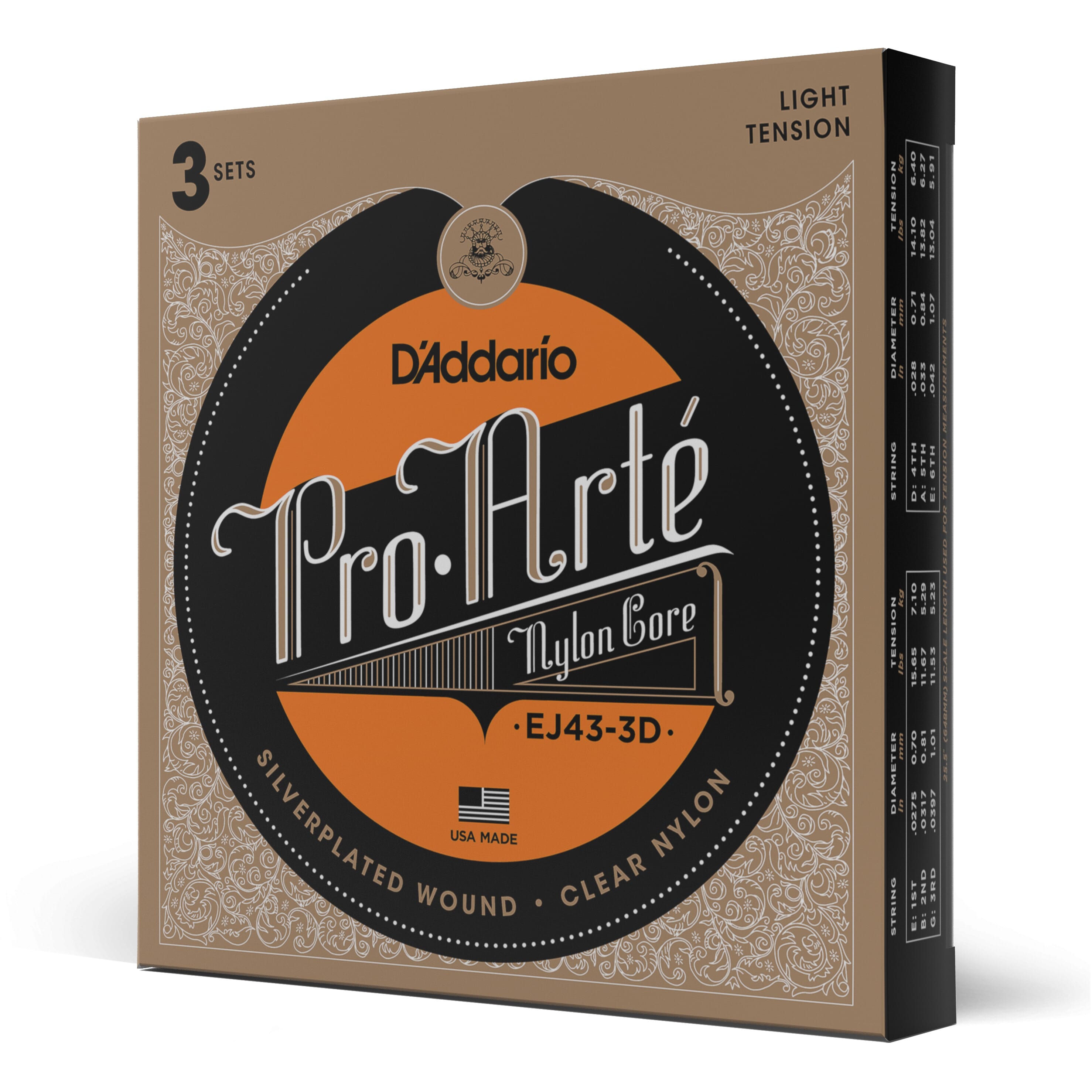 D'Addario EJ43-3D EJ43 Pro-Arte Nylon Classical Guitar Strings, Light Tension, 3 Sets
