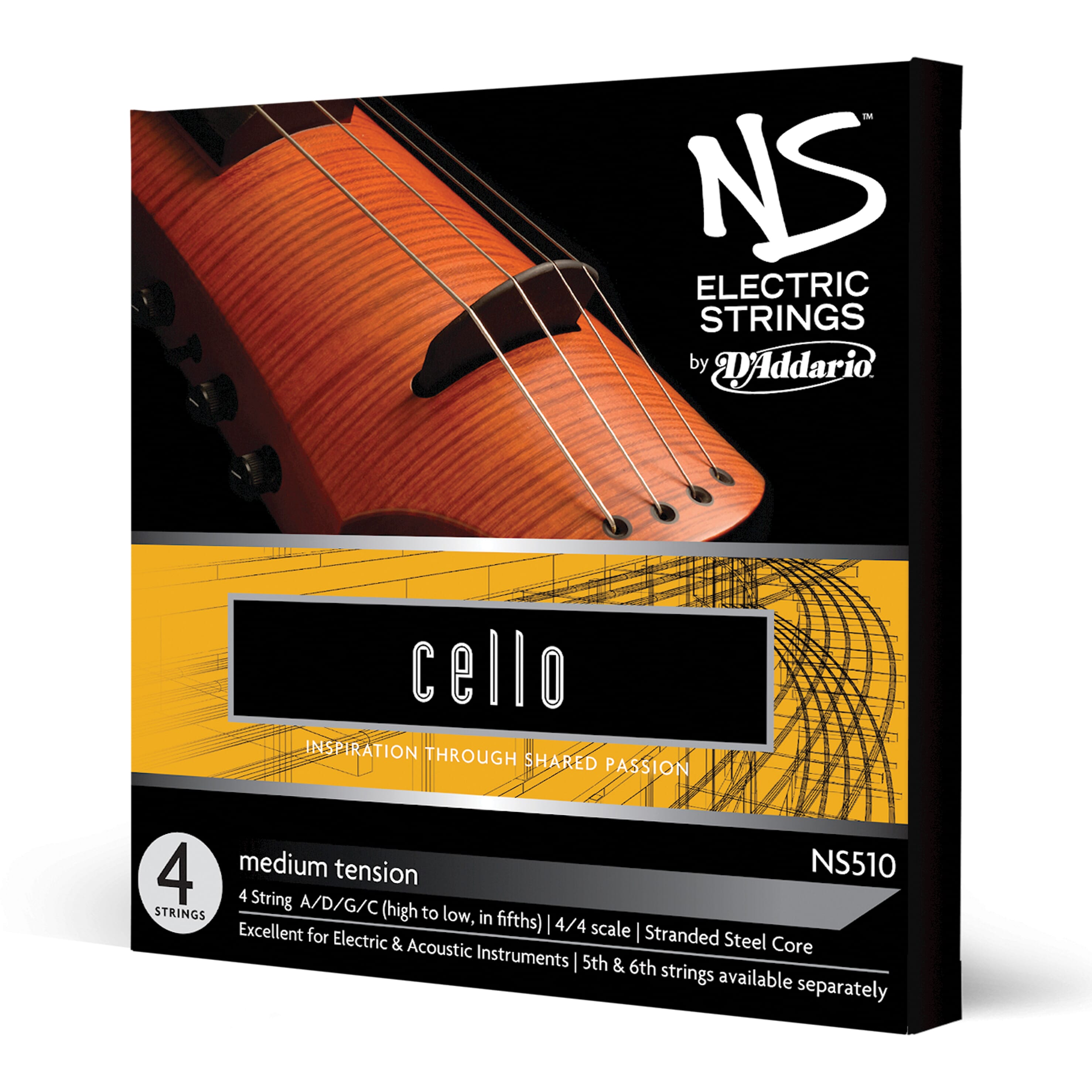 D'Addario NS510 NS Electric Cello String Set, 4/4 Scale, Medium Tension