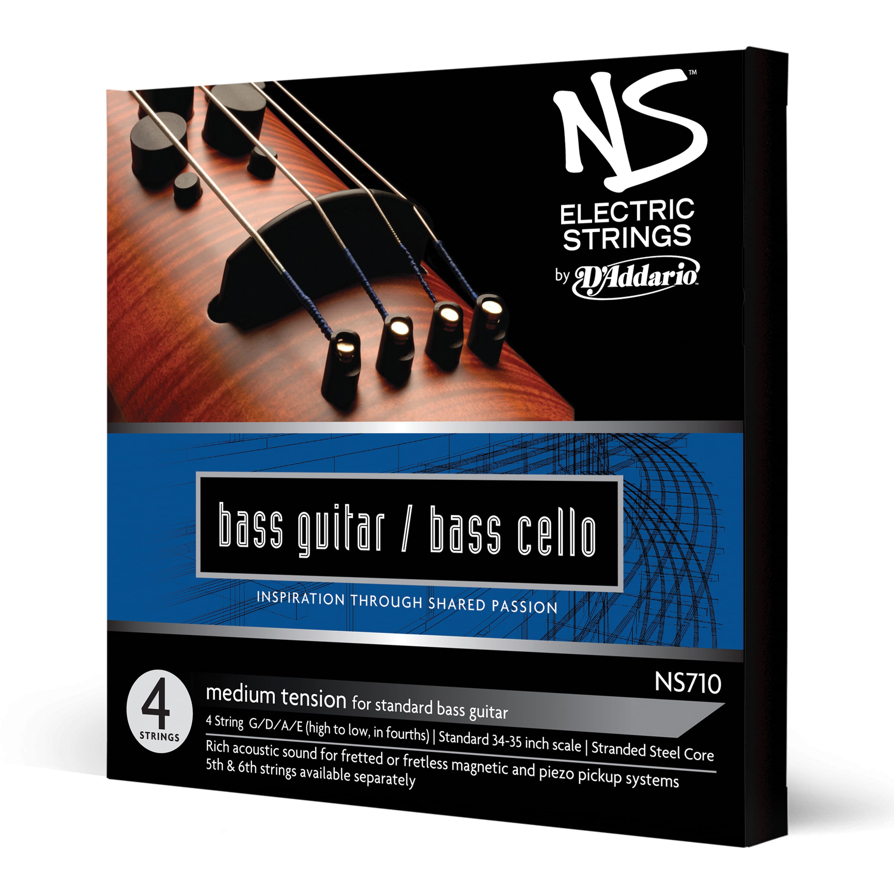 D'Addario NS710 NS Electric Bass/Cello String Set, 4/4 Scale, Medium Tension
